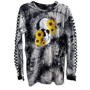 Long sleeve sunflowers and skull black marbled tee shirt check sleeves sz L